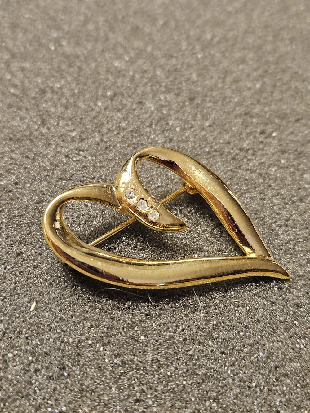Vintage Gold Heart Brooch with Three Clear Crystals.